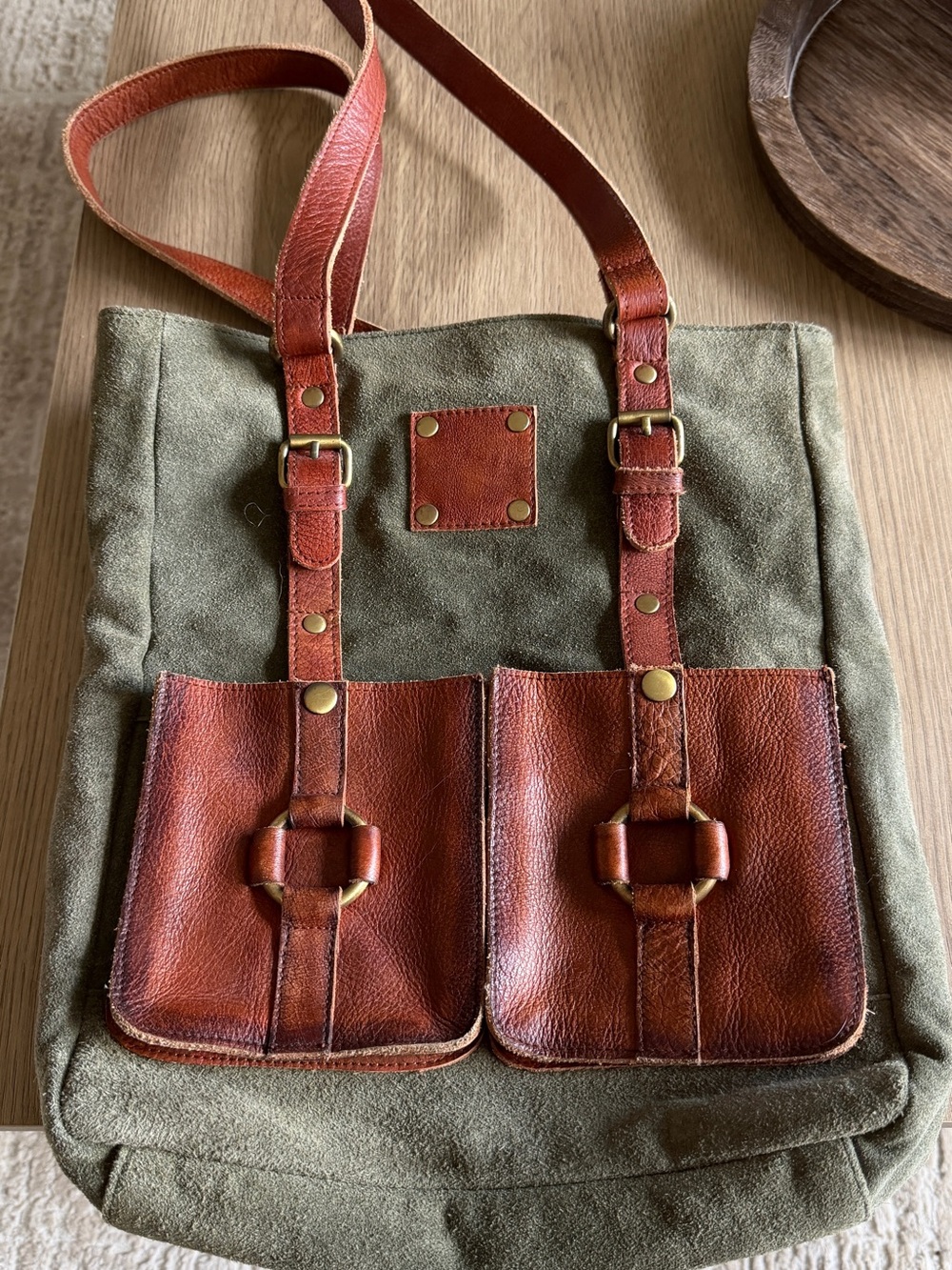 Women’s Olive Canvas Tote with Brown Leather Trim